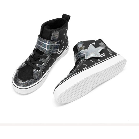 Kid's Girls Sneaker Hook Loop Sparkly Shiny Star Comfortable Casual Black Shoes - Picture 5 of 6